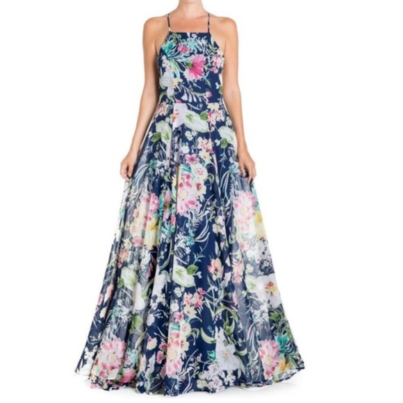 Meghan Los Angeles Midnight Floral Chiffon Criss Cross Back Maxi Dress Small - Picture 2 of 4